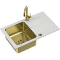 Steiner Zlewozmywak Steiner MICHAEL 111 Fusion HardRock alabaster z komorą złota (780x480x190) z syfonem Push 2 Open z baterią NAOMI złota