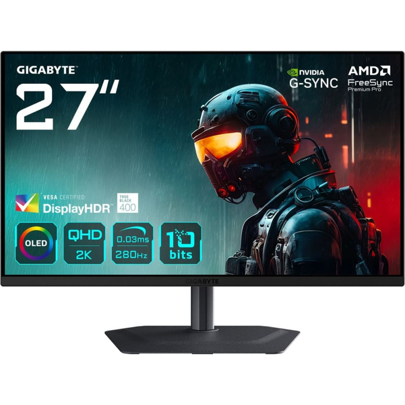 Gigabyte MO27Q2A 27” OLED 2K QHD Gaming Monitor - 2560 x 1440, 280Hz, 0.03ms, 250 cd/m², FreeSync Premium Pro, DisplayHDR True Black 400, HDMI 2.1, Displayport 1.4