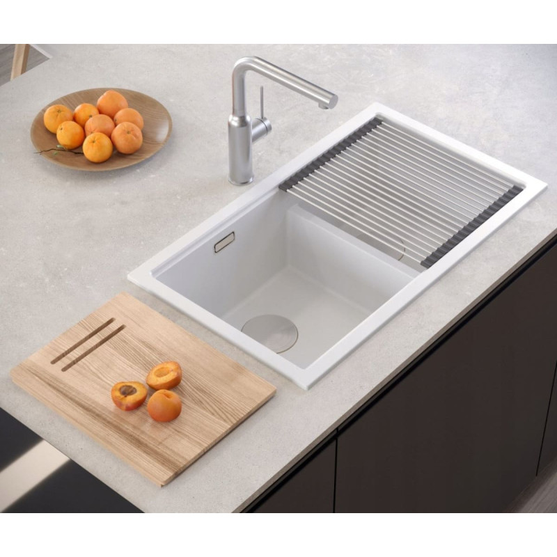 Graniteq QUADRON | LOGAN 120 | granitowy zlewozmywak kuchenny BIAŁY + STAL | wymiar: 76 x 45 x 23,5 cm | 2-komorowy wpuszczany | podbudowa szafki od: 80 cm