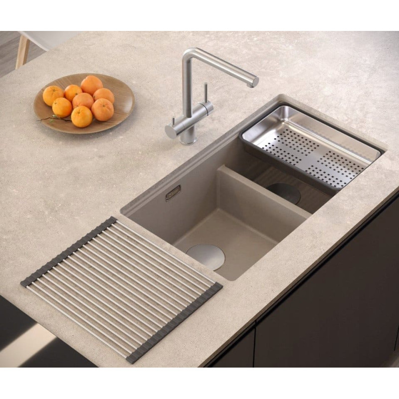 Graniteq QUADRON | LOGAN 120 | granitowy zlewozmywak kuchenny SOFT TAUPE + STAL | wymiar: 76 x 45 x 23,5 cm | 2-komorowy podwieszany | podbudowa szafki od: 80 cm