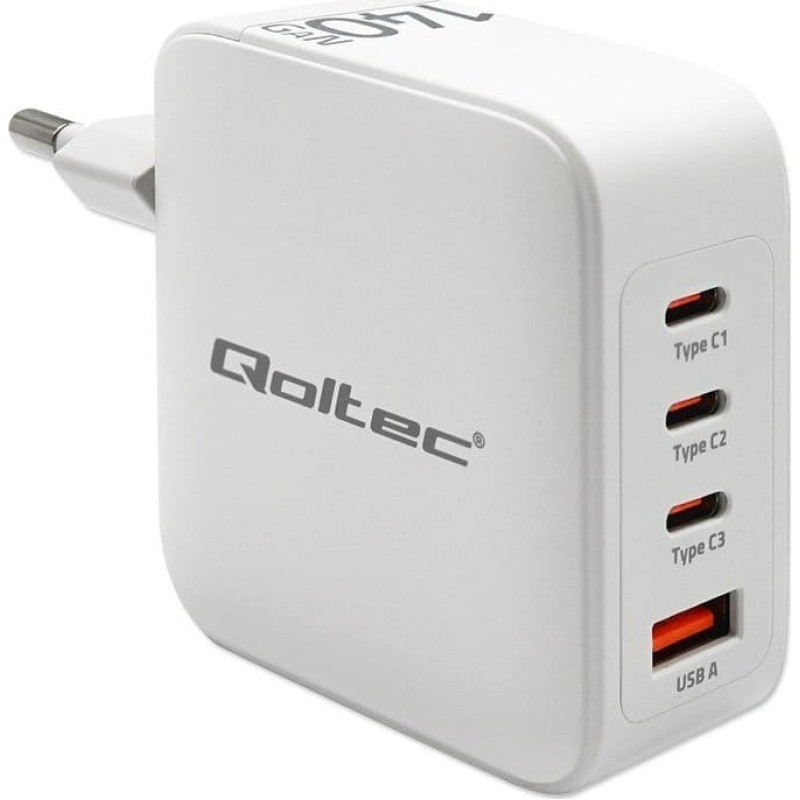 Qoltec Ładowarka Qoltec Qoltec Ładowarka sieciowa 140W GaN  | 5-20V | 2.5-5A | 3 x USB-C PD | 1 x USB QC 3.0 | Biała