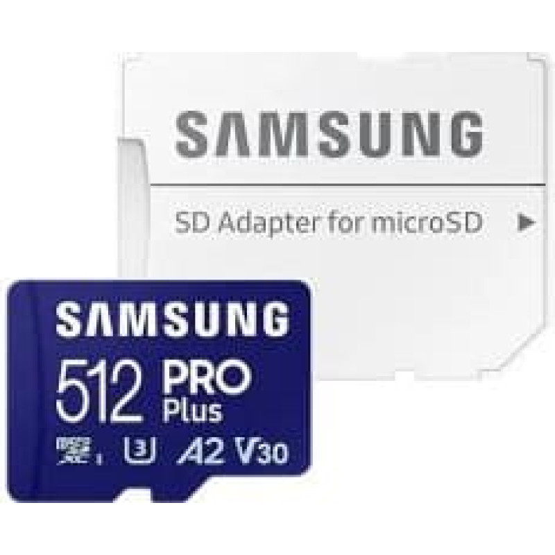 Samsung PRO Plus microSD Card with Adapter 512 GB, MicroSDXC, Flash memory class U3, V30, A2