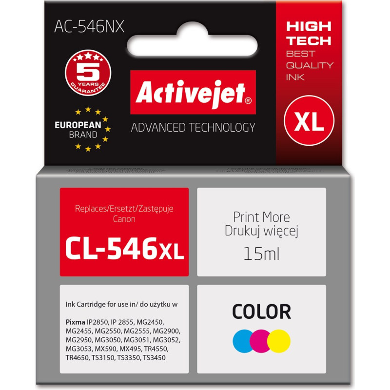Activejet AC-546NX Printer Ink for Canon, Replacement Canon CL-546XL; Supreme; 15 ml; colour, cyan, magenta, yellow