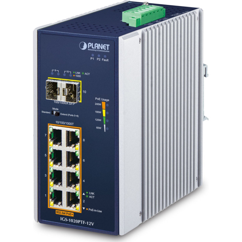 Planet Switch Planet PLANET IP30 Ind 8-P 10/100/1000T Nie zarządzany Gigabit Ethernet (10/100/1000) Obsługa PoE Niebieski, Biały