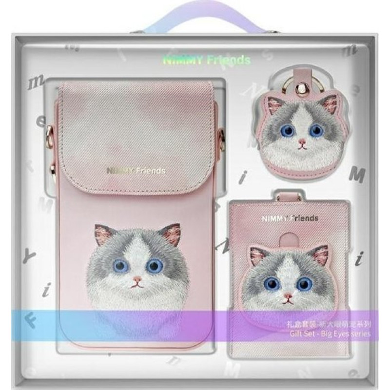 Ilike Nimmy Zestaw 3w1 torebka na telefon + portfel + etui na lokalizator różowy/pink Big Eyed Pet 2.0 Cat